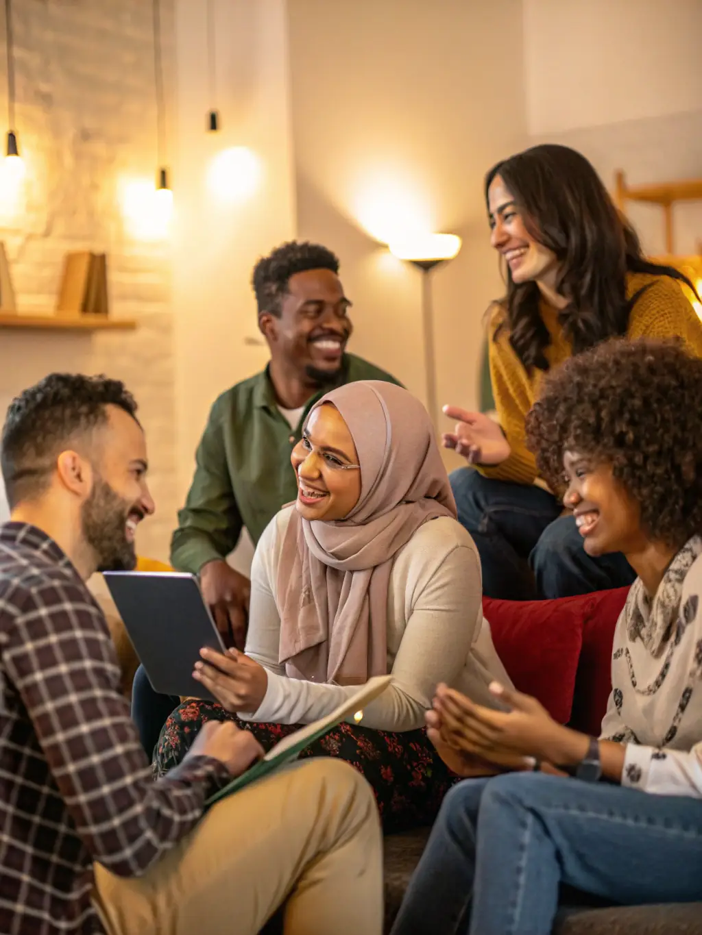 A warm and inviting image of a diverse group of people connecting and supporting each other in a cozy, well-lit space, symbolizing community support.