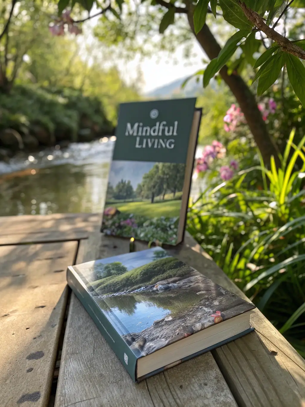 A serene image representing mental health education, such as an open book with glowing text about mindfulness, set in a calming, natural environment.
