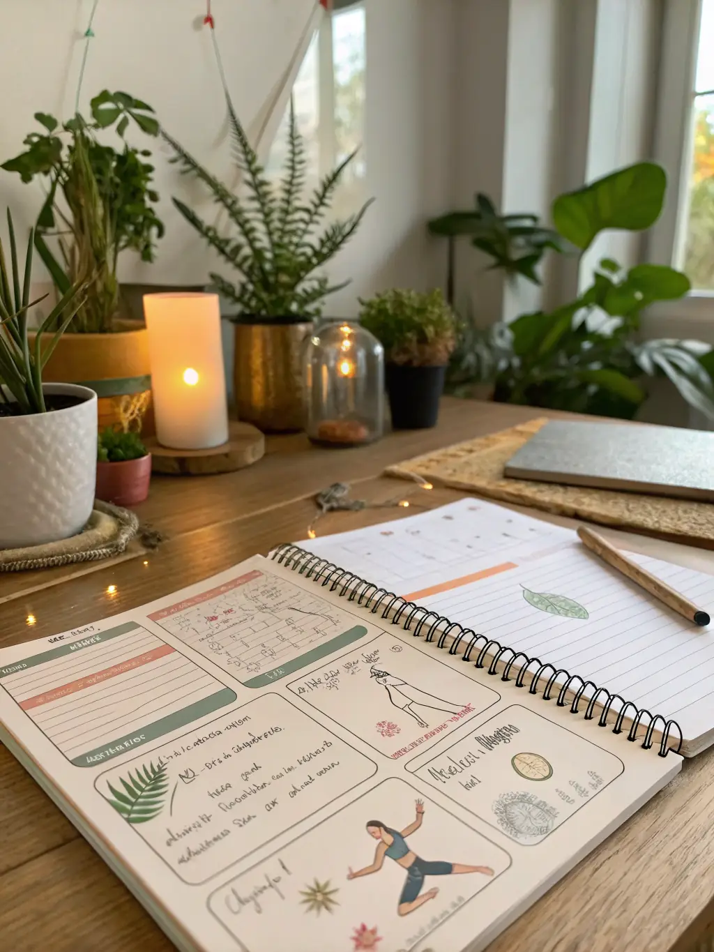 A visually appealing image showcasing digital self-care tools, like a planner with colorful stickers and affirmation cards, arranged on a desk with a cup of tea.