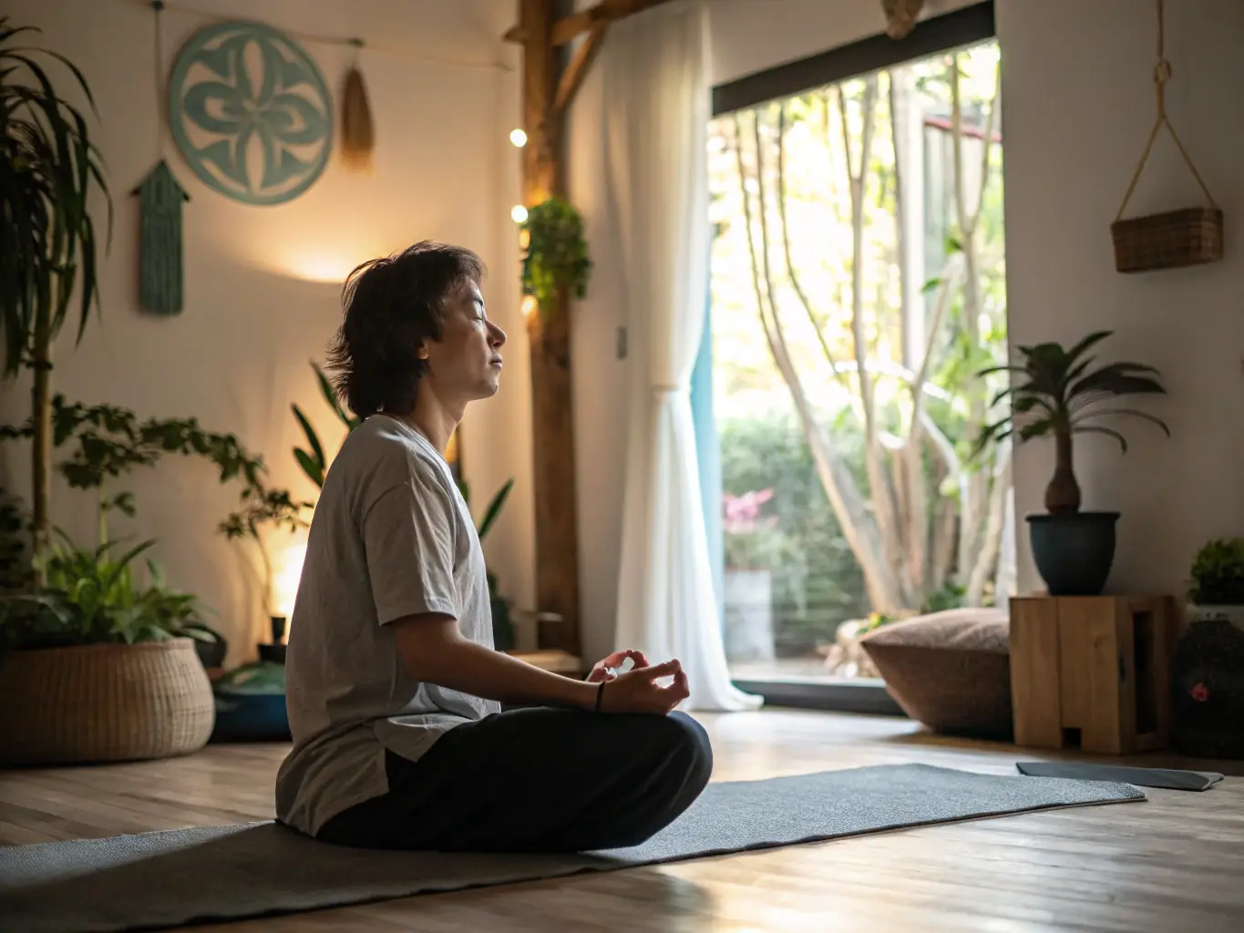 A person practicing deep breathing exercises in a quiet room, with soft lighting and a comfortable setting, symbolizing emotional regulation and resilience.
