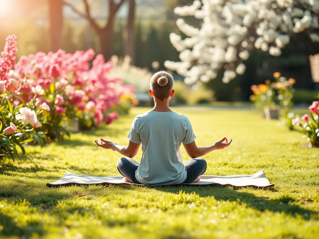 A serene image of a person meditating in a peaceful garden, surrounded by lush greenery and soft sunlight, symbolizing stress reduction and inner peace.