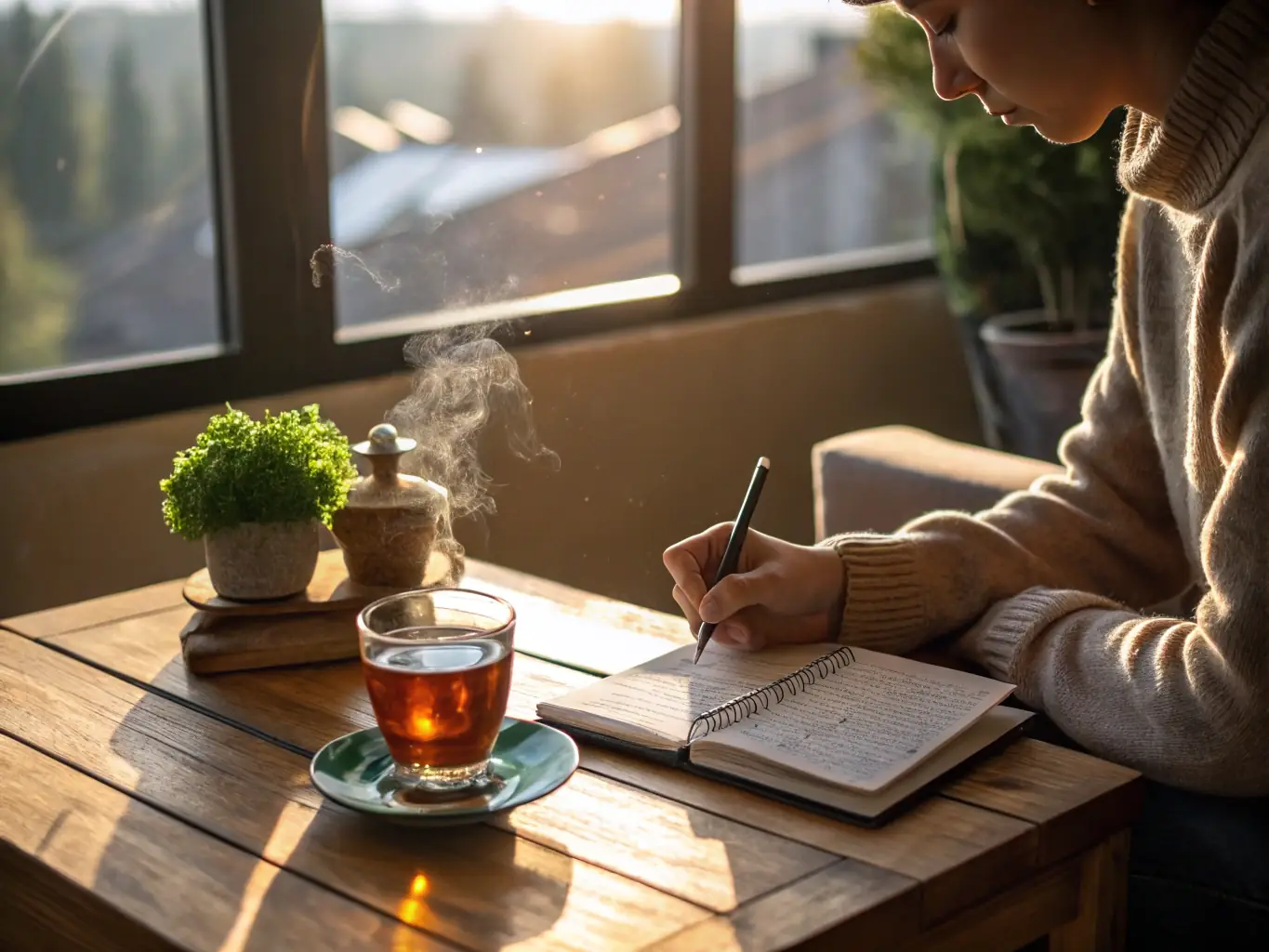 An image of a person using a journal to reflect on their thoughts and feelings, with a cup of tea and a calming candle nearby, representing improved focus and self-awareness.