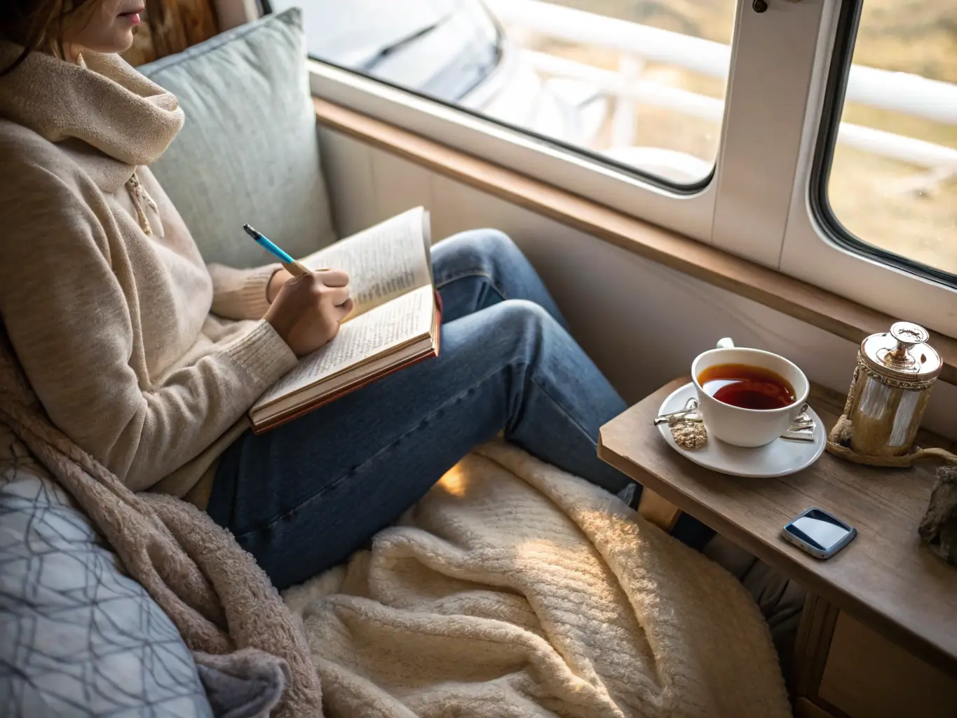 A person writing in a journal in a cozy, sunlit room, reflecting on their thoughts and feelings, symbolizing the emotional growth and self-discovery facilitated by the Spring Renewal collection.