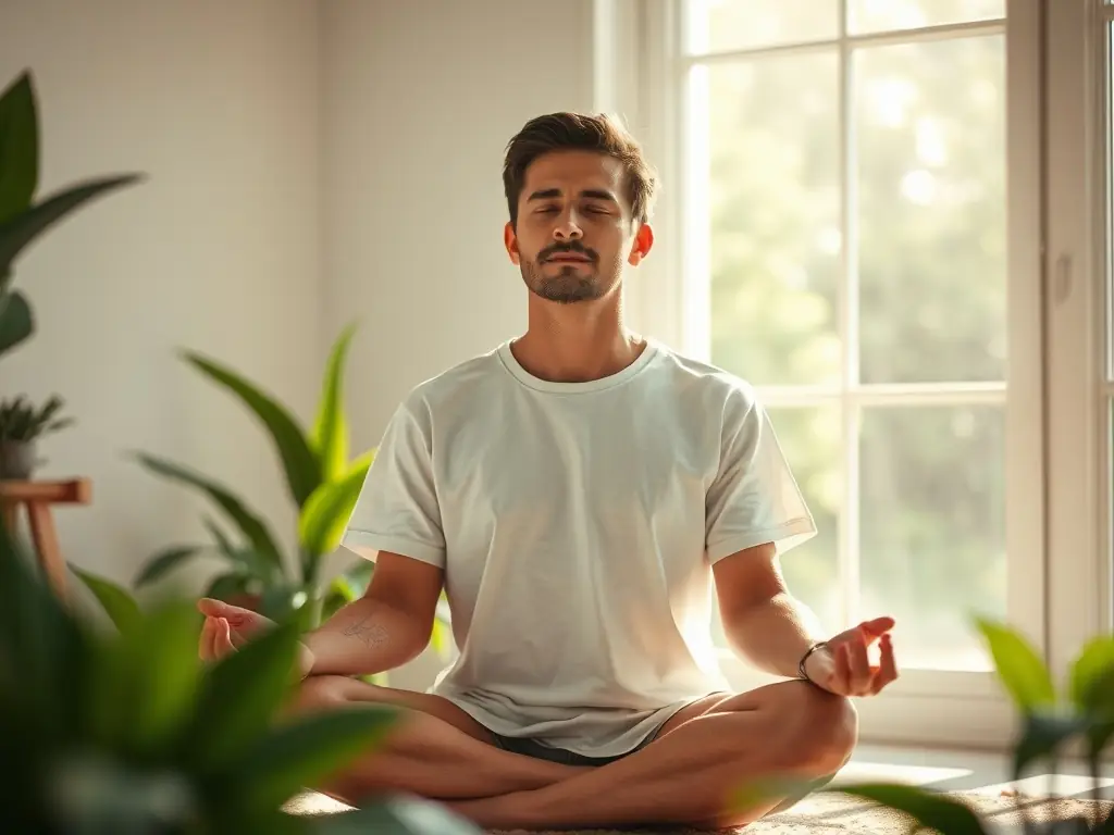 A person meditating peacefully in a serene room filled with natural light, surrounded by plants, representing the mental clarity and focus promoted by the Spring Renewal collection.