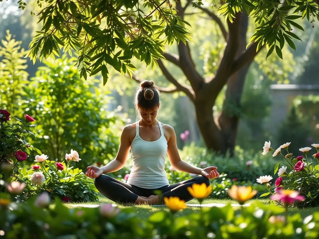 A person practicing yoga outdoors in a lush garden, bathed in the soft morning light, symbolizing the physical and mental rejuvenation offered by the Spring Renewal collection.